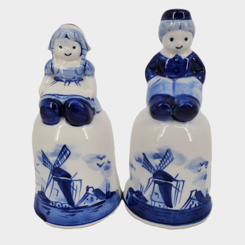 Vintage Handpainted Delft Blue‎ Dutch Boy and Girl Ceramic Bell Set Windmill